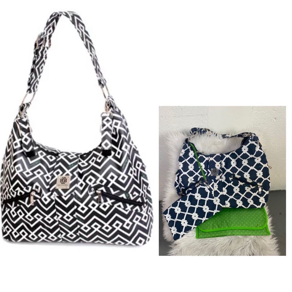 NEW Bella Tunno Navy Blue White Diaper Baby Bag Matching Pouch & Changing Pad
